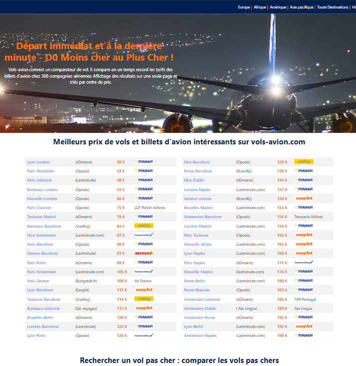 Capture du site Vols Avion